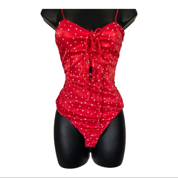 Zara red retro satin silk effect white stars lace-up spaghetti strap bodysuit - Picture 1 of 14